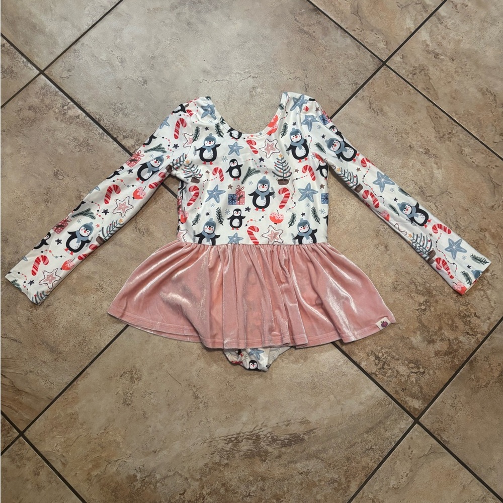 cheeky plum Pink Velvet Skirt Penguin Long Sleeve Leotard